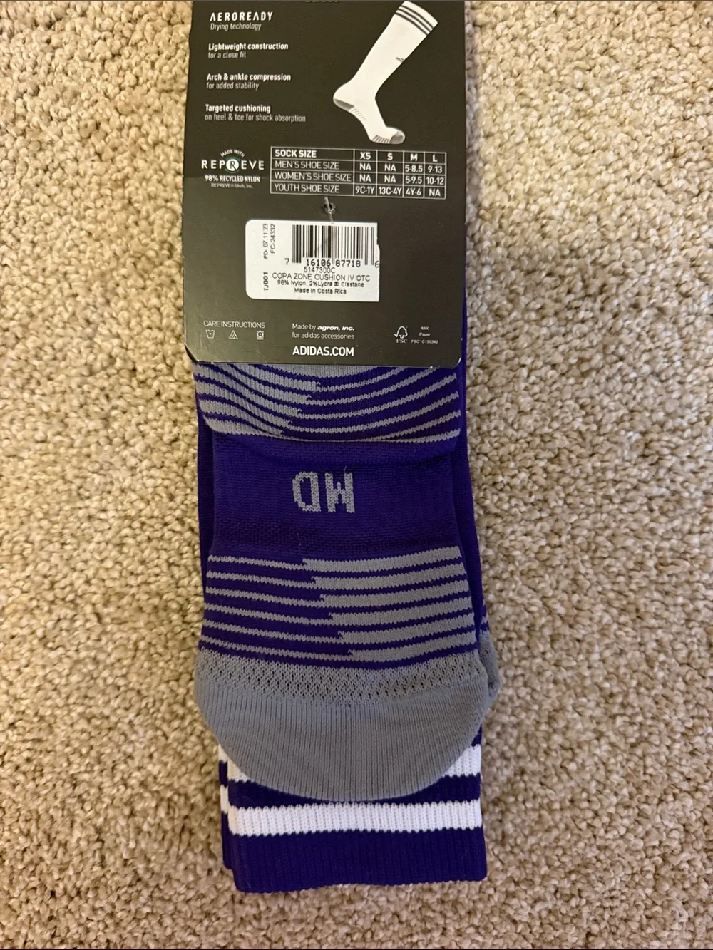 adidas Purple Athletic Soccer Copa Zone Socks with White Stripes